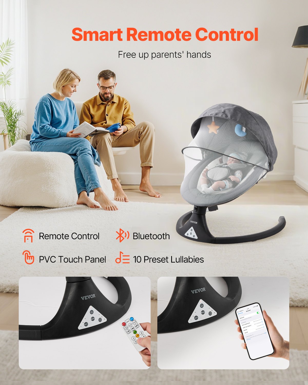 Babygunga, 5-växlad babygunga med 3 sittpositioner, bärbar babygunga med PVC-pekskärm, fjärrkontroll, Bluetooth, 10 vaggvisor och myggnät för 0-9 månader/0-20 lbs nyfödda