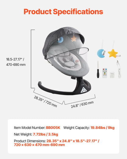 Babygunga, 5-växlad babygunga med 3 sittpositioner, bärbar babygunga med PVC-pekskärm, fjärrkontroll, Bluetooth, 10 vaggvisor och myggnät för 0-9 månader/0-20 lbs nyfödda