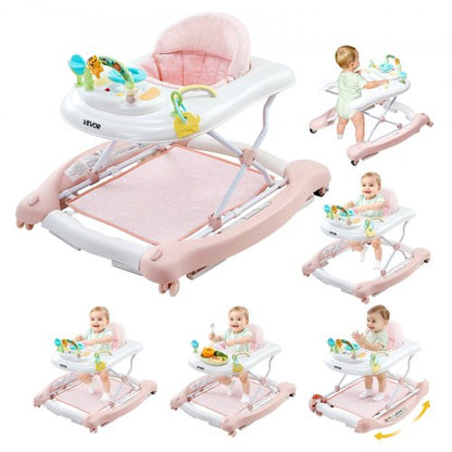 5-in-1 Baby Walker, Folding Baby Activity Center on Wheels, Height Adjustable Rocker Bouncer Walker with Comfortable High-Back Seat, Anti-Rollover Toddler Walking Helper for 6-24 Month Boy Girls