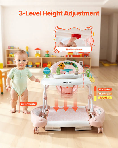 5-in-1 Baby Walker, Folding Baby Activity Center on Wheels, Height Adjustable Rocker Bouncer Walker with Comfortable High-Back Seat, Anti-Rollover Toddler Walking Helper for 6-24 Month Boy Girls