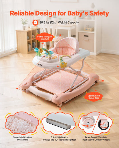 5-in-1 Baby Walker, Folding Baby Activity Center on Wheels, Height Adjustable Rocker Bouncer Walker with Comfortable High-Back Seat, Anti-Rollover Toddler Walking Helper for 6-24 Month Boy Girls