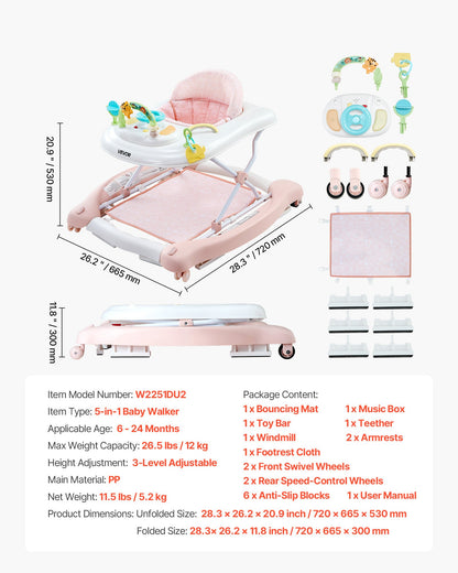5-in-1 Baby Walker, Folding Baby Activity Center on Wheels, Height Adjustable Rocker Bouncer Walker with Comfortable High-Back Seat, Anti-Rollover Toddler Walking Helper for 6-24 Month Boy Girls