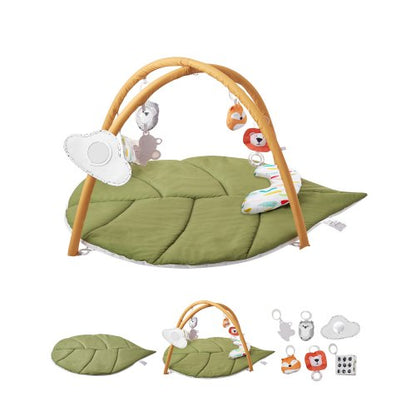 Baby Play Gym Mat, Baby Activity Mat with 6 Sensory Toys, Oversize Leaf-Shaped Tummy Time Mat for 0-18 Months Newborn Infant, Baby Essential Gift for Motor Skills & Early Cognitive Development