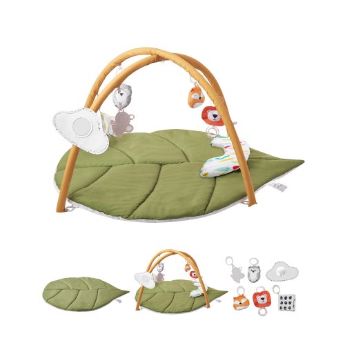 Baby Play Gym Mat, Baby Activity Mat with 6 Sensory Toys, Oversize Leaf-Shaped Tummy Time Mat for 0-18 Months Newborn Infant, Baby Essential Gift for Motor Skills & Early Cognitive Development