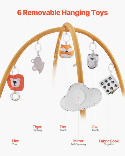 Baby Play Gym Mat, Baby Activity Mat with 6 Sensory Toys, Oversize Leaf-Shaped Tummy Time Mat for 0-18 Months Newborn Infant, Baby Essential Gift for Motor Skills & Early Cognitive Development