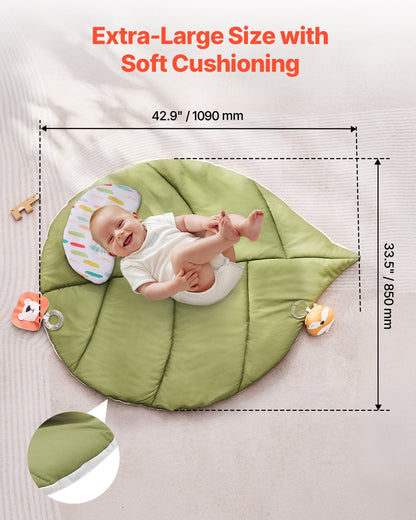 Baby Play Gym Mat, Baby Activity Mat with 6 Sensory Toys, Oversize Leaf-Shaped Tummy Time Mat for 0-18 Months Newborn Infant, Baby Essential Gift for Motor Skills & Early Cognitive Development