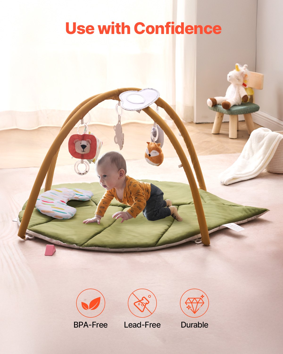 Baby Play Gym Mat, Baby Activity Mat with 6 Sensory Toys, Oversize Leaf-Shaped Tummy Time Mat for 0-18 Months Newborn Infant, Baby Essential Gift for Motor Skills & Early Cognitive Development
