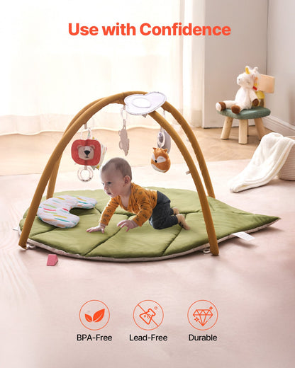 Baby Play Gym Mat, Baby Activity Mat with 6 Sensory Toys, Oversize Leaf-Shaped Tummy Time Mat for 0-18 Months Newborn Infant, Baby Essential Gift for Motor Skills & Early Cognitive Development