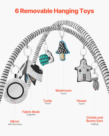 Baby Play Gym Mat, Tummy Time Mat with 6 Detachable Sensory Toys, 41.7" x 41.7" Large-Sized Baby Newborn Activity Mat with Fold-up Sides & Soft Fabric for Sensory and Motor Skill Development