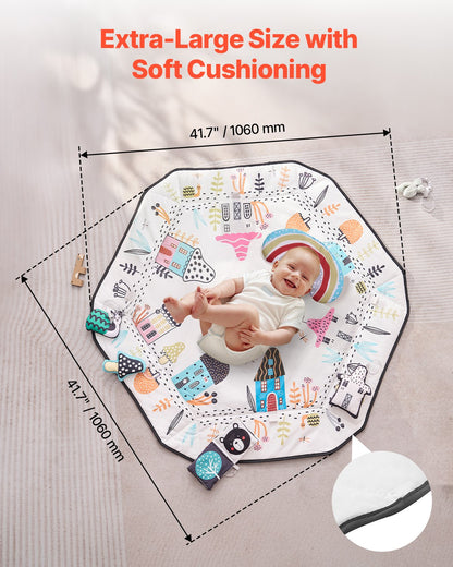Baby Play Gym Mat, Tummy Time Mat with 6 Detachable Sensory Toys, 41.7" x 41.7" Large-Sized Baby Newborn Activity Mat with Fold-up Sides & Soft Fabric for Sensory and Motor Skill Development