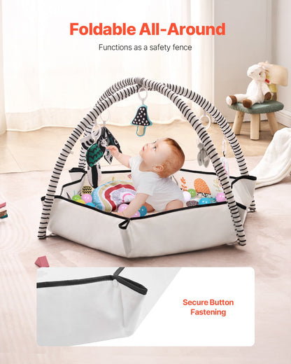 Baby Play Gym Mat, Tummy Time Mat with 6 Detachable Sensory Toys, 41.7" x 41.7" Large-Sized Baby Newborn Activity Mat with Fold-up Sides & Soft Fabric for Sensory and Motor Skill Development