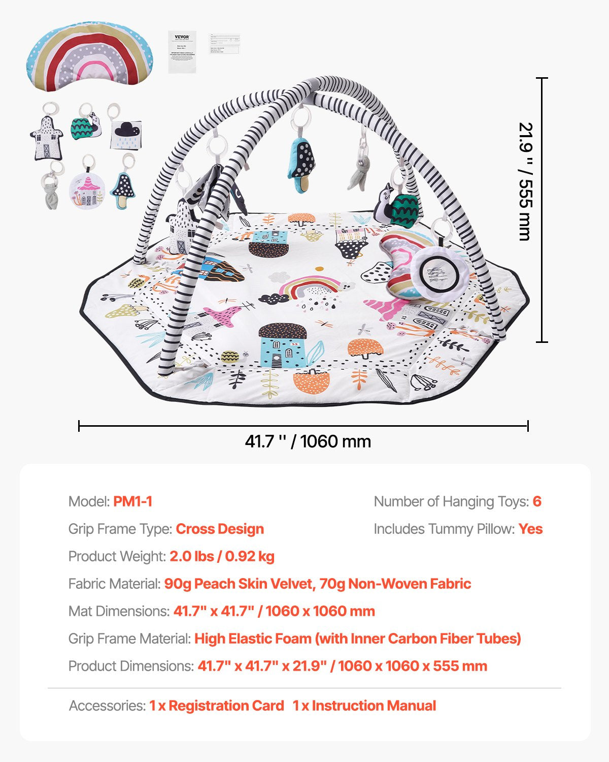 Baby Play Gym Mat, Tummy Time Mat with 6 Detachable Sensory Toys, 41.7" x 41.7" Large-Sized Baby Newborn Activity Mat with Fold-up Sides & Soft Fabric for Sensory and Motor Skill Development