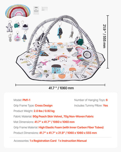 Baby Play Gym Mat, Tummy Time Mat with 6 Detachable Sensory Toys, 41.7" x 41.7" Large-Sized Baby Newborn Activity Mat with Fold-up Sides & Soft Fabric for Sensory and Motor Skill Development