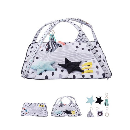 Babylekmatta, magmatta med 6 sensoriska leksaker, aktivitetsmatta för babyn med 2 beröringsbollar och mjukt tyg för sensorisk och motorisk utveckling, oumbärlig present till nyfött spädbarn 0-18 månader