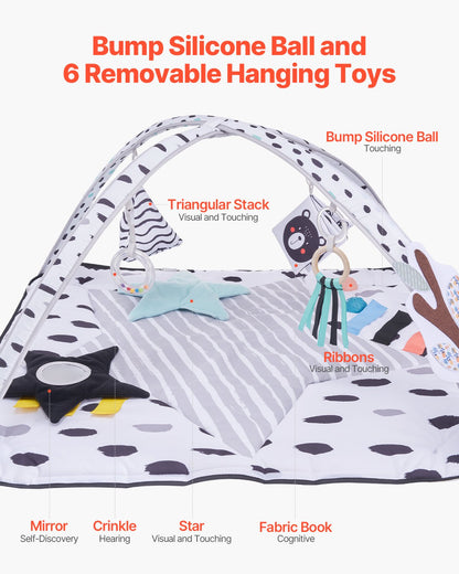Baby Play Gym Mat, Tummy Time Mat with 6 Sensory Toys, Baby Activity Mat with 2 Touch Balls & Soft Fabric for Sensory & Motor Skill Development, Baby Essential Gift for 0-18 Month Newborn Infant