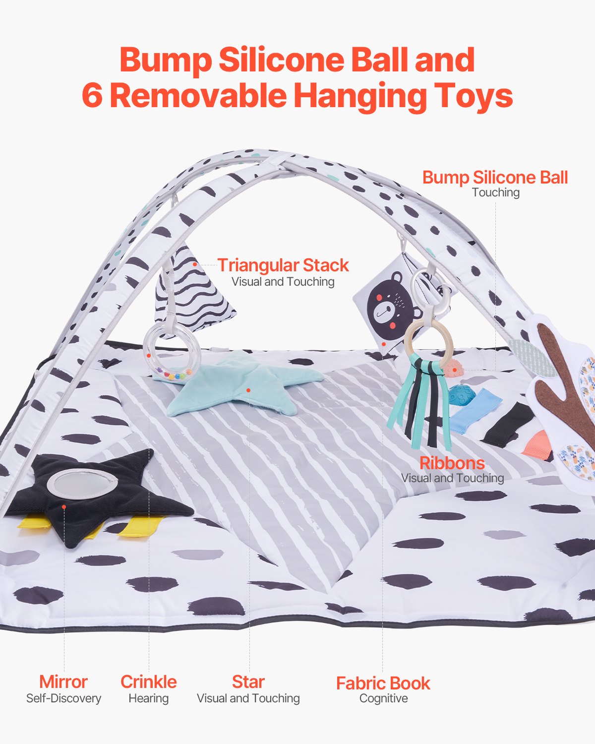 Babylekmatta, magmatta med 6 sensoriska leksaker, aktivitetsmatta för babyn med 2 beröringsbollar och mjukt tyg för sensorisk och motorisk utveckling, oumbärlig present till nyfött spädbarn 0-18 månader