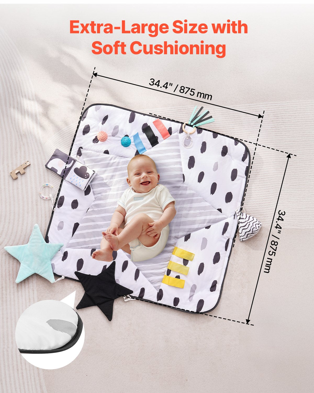 Babylekmatta, magmatta med 6 sensoriska leksaker, aktivitetsmatta för babyn med 2 beröringsbollar och mjukt tyg för sensorisk och motorisk utveckling, oumbärlig present till nyfött spädbarn 0-18 månader