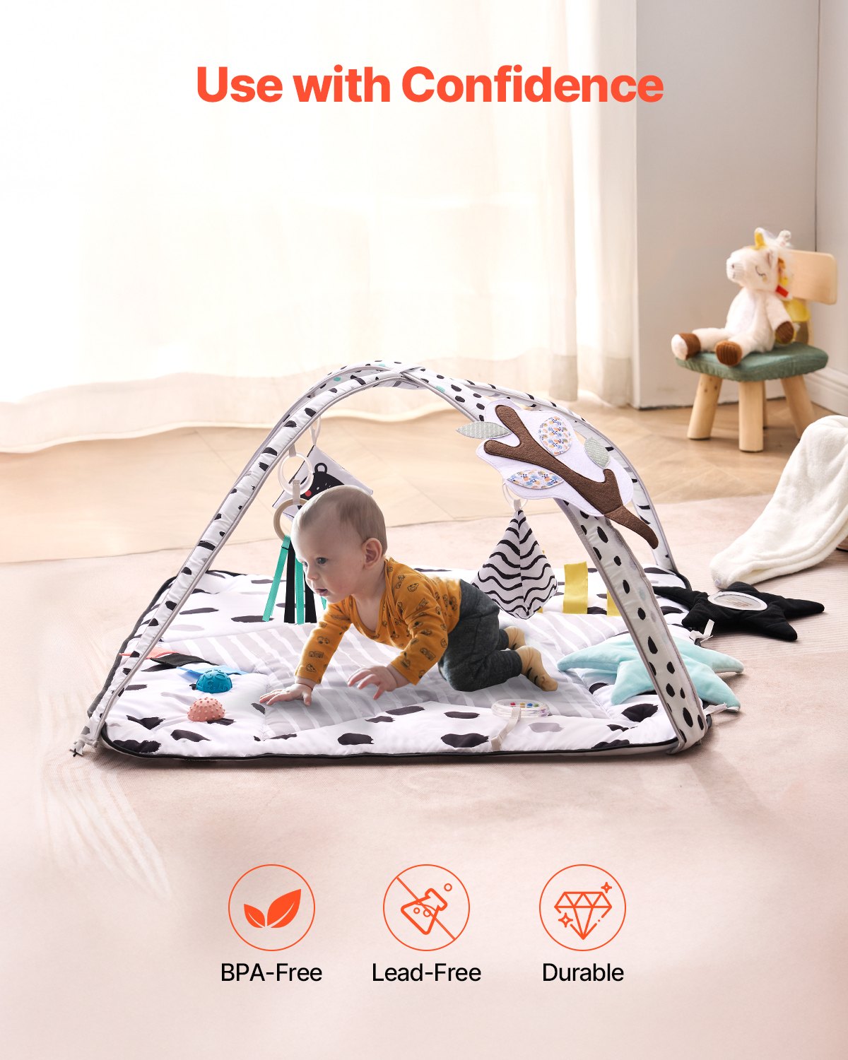 Baby Play Gym Mat, Tummy Time Mat with 6 Sensory Toys, Baby Activity Mat with 2 Touch Balls & Soft Fabric for Sensory & Motor Skill Development, Baby Essential Gift for 0-18 Month Newborn Infant