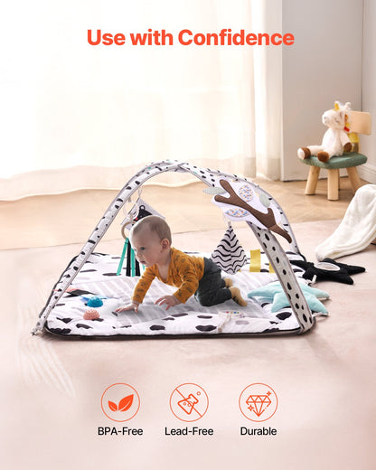 Baby Play Gym Mat, Tummy Time Mat with 6 Sensory Toys, Baby Activity Mat with 2 Touch Balls & Soft Fabric for Sensory & Motor Skill Development, Baby Essential Gift for 0-18 Month Newborn Infant