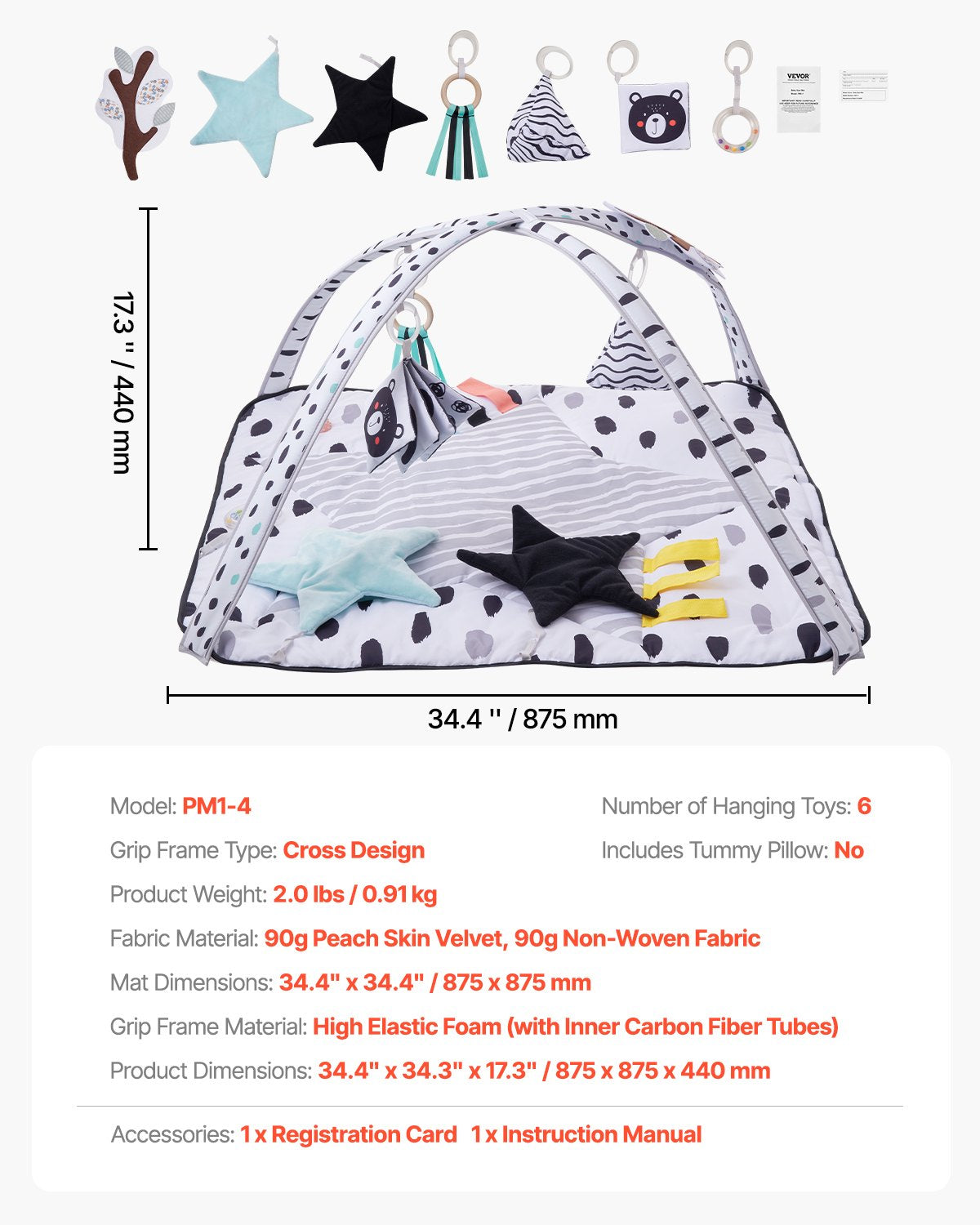 Babylekmatta, magmatta med 6 sensoriska leksaker, aktivitetsmatta för babyn med 2 beröringsbollar och mjukt tyg för sensorisk och motorisk utveckling, oumbärlig present till nyfött spädbarn 0-18 månader