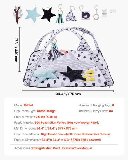 Babylekmatta, magmatta med 6 sensoriska leksaker, aktivitetsmatta för babyn med 2 beröringsbollar och mjukt tyg för sensorisk och motorisk utveckling, oumbärlig present till nyfött spädbarn 0-18 månader