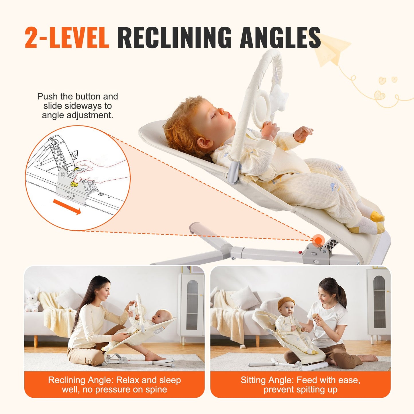 Babysitter, hopfällbar babysitterstol för spädbarn 0-9 månader, babysitterstol för nyfödda med 2 lutningsvinklar och roterbar leksaksstång, bärbar babysitter med bärväska för inomhusbruk och utomhusbruk, beige