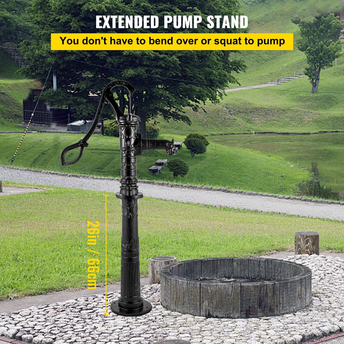 Handvattenpump med stativ, 40 x 23,9 x 135 cm (15,7 x 9,4 x 53,1 tum) kannapump och 66 cm (26 tum) pumpstativ med förinställda 12,7 mm (1/2 tum) hål för enkel installation, rustik gjutjärnspump för gård, trädgård, bevattning av lantbruk, svart