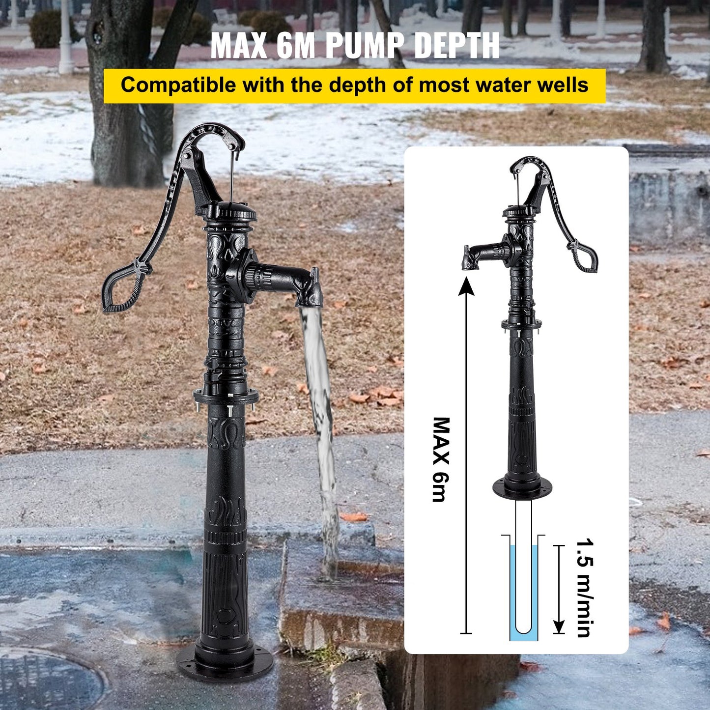 Handvattenpump med stativ, 40 x 23,9 x 135 cm (15,7 x 9,4 x 53,1 tum) kannapump och 66 cm (26 tum) pumpstativ med förinställda 12,7 mm (1/2 tum) hål för enkel installation, rustik gjutjärnspump för gård, trädgård, bevattning av lantbruk, svart