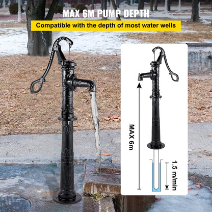 Handvattenpump med stativ, 40 x 23,9 x 135 cm (15,7 x 9,4 x 53,1 tum) kannapump och 66 cm (26 tum) pumpstativ med förinställda 12,7 mm (1/2 tum) hål för enkel installation, rustik gjutjärnspump för gård, trädgård, bevattning av lantbruk, svart