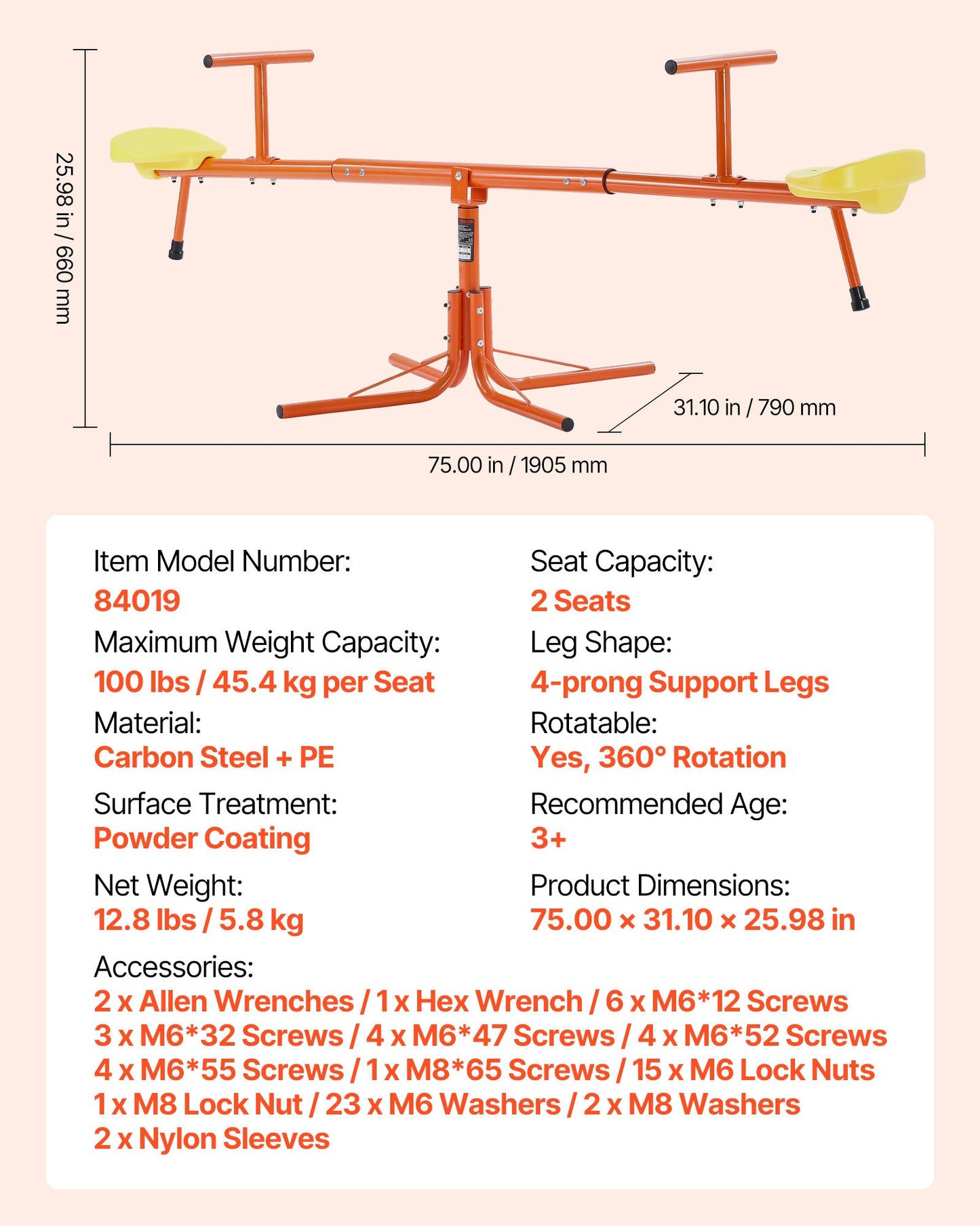 Kids Seesaw, 45.4 kg Load Capacity per Seat, Sit and Spin Teeter Totter with 4-prong Support Legs, Kids Outdoor Playground Equipment, Swiveling 360 Degrees Rotating for Children Aged 3+