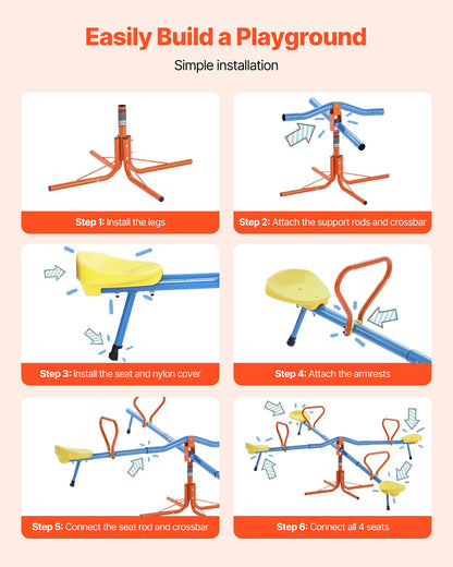 Kids Seesaw, 49.9 kg Load Capacity per Seat, Sit and Spin Teeter Totter with 4-prong Support Legs, Kids Outdoor Playground Equipment, Swiveling 360 Degrees Rotating for Children Aged 3+, 4 Seats