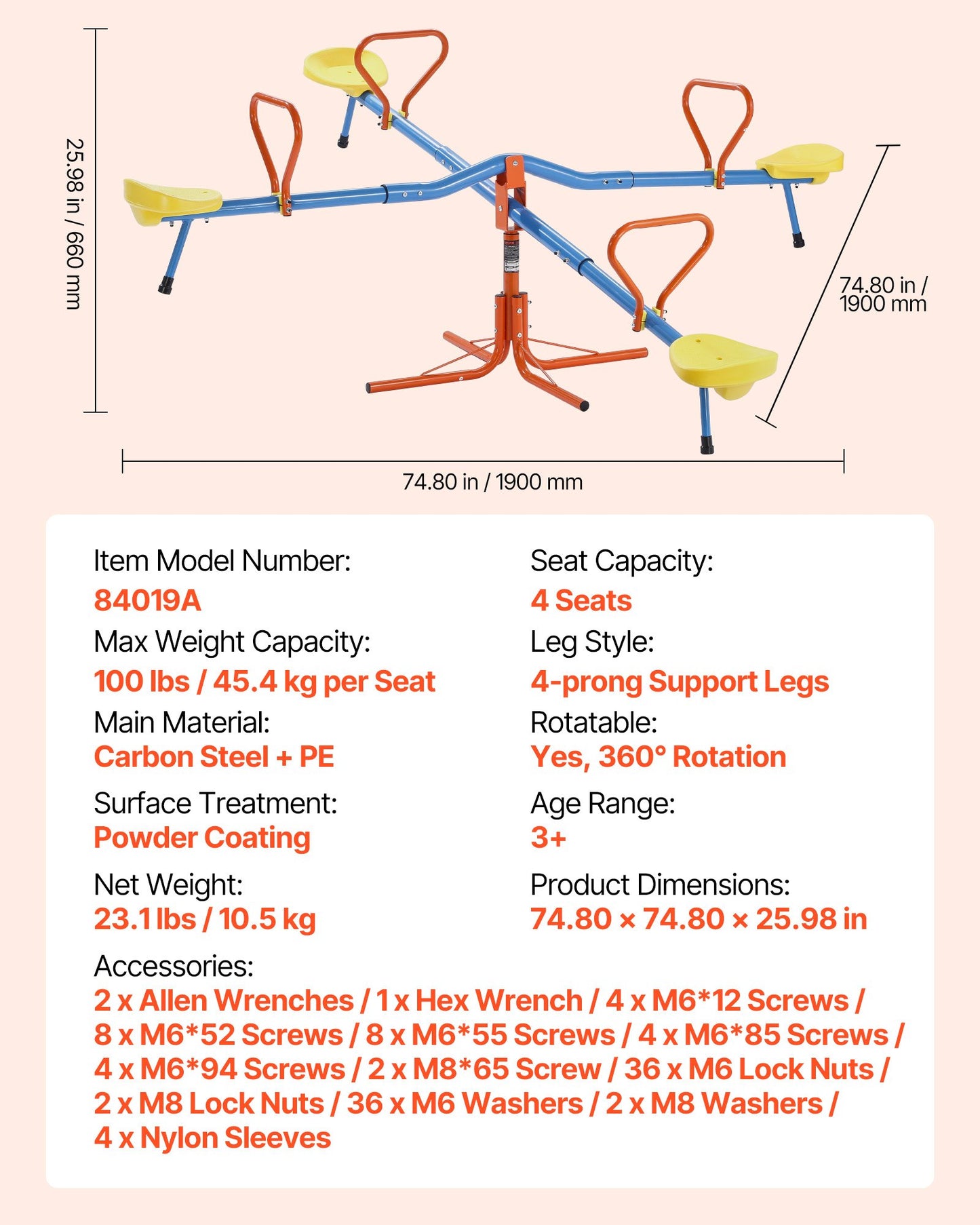Kids Seesaw, 49.9 kg Load Capacity per Seat, Sit and Spin Teeter Totter with 4-prong Support Legs, Kids Outdoor Playground Equipment, Swiveling 360 Degrees Rotating for Children Aged 3+, 4 Seats
