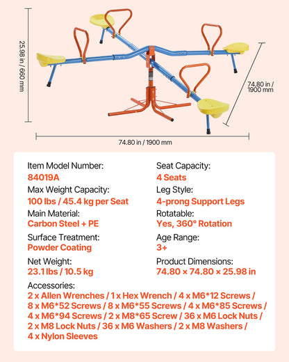 Kids Seesaw, 49.9 kg Load Capacity per Seat, Sit and Spin Teeter Totter with 4-prong Support Legs, Kids Outdoor Playground Equipment, Swiveling 360 Degrees Rotating for Children Aged 3+, 4 Seats