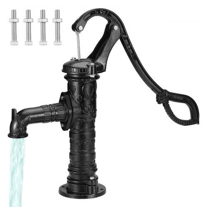 Antik brunnshandpump, 6,7 m (22 fot) maximal lyftkraft, manuell handvattenpump i gjutjärn med ergonomiskt handtag NPT31,8 mm (1-1/4 tum) enkel installation, gammaldags för utomhusbruk, hem, gård, trädgård, damm, gård, svart