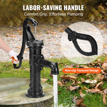 Antik brunnshandpump, 6,7 m (22 fot) maximal lyftkraft, manuell handvattenpump i gjutjärn med ergonomiskt handtag NPT31,8 mm (1-1/4 tum) enkel installation, gammaldags för utomhusbruk, hem, gård, trädgård, damm, gård, svart