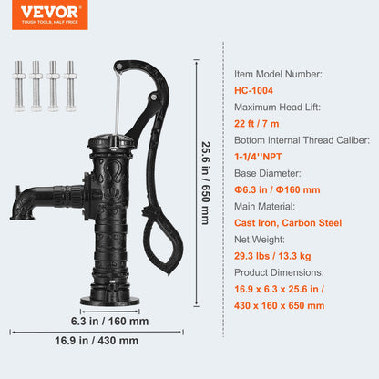 Antik brunnshandpump, 6,7 m (22 fot) maximal lyftkraft, manuell handvattenpump i gjutjärn med ergonomiskt handtag NPT31,8 mm (1-1/4 tum) enkel installation, gammaldags för utomhusbruk, hem, gård, trädgård, damm, gård, svart