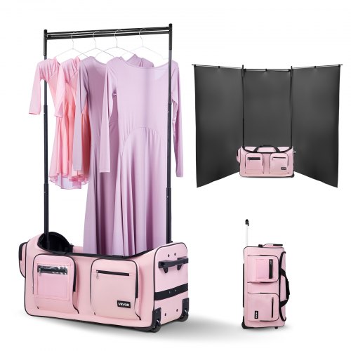 Dance Bag with Garment Rack, 736.6 mm Rolling Dance Duffel, with Wheels, USB Port, Height Adjustable Clothes Rack, Privacy Protection Curtain, Ideal for Travel and Competitions, Matte Pink