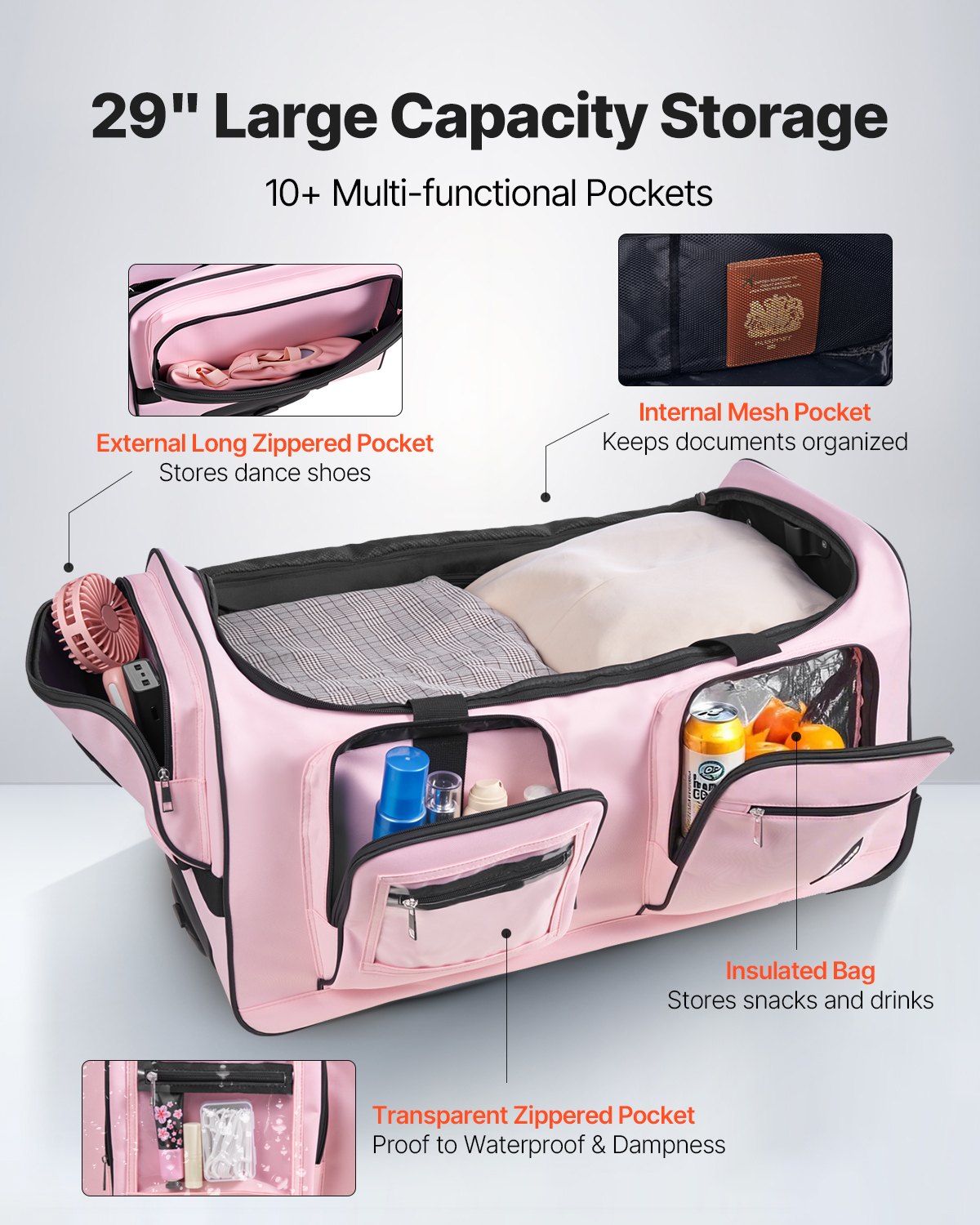 Dance Bag with Garment Rack, 736.6 mm Rolling Dance Duffel, with Wheels, USB Port, Height Adjustable Clothes Rack, Privacy Protection Curtain, Ideal for Travel and Competitions, Matte Pink