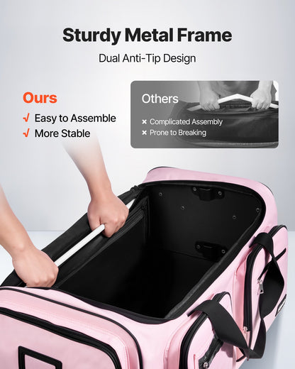 Dance Bag with Garment Rack, 736.6 mm Rolling Dance Duffel, with Wheels, USB Port, Height Adjustable Clothes Rack, Privacy Protection Curtain, Ideal for Travel and Competitions, Matte Pink