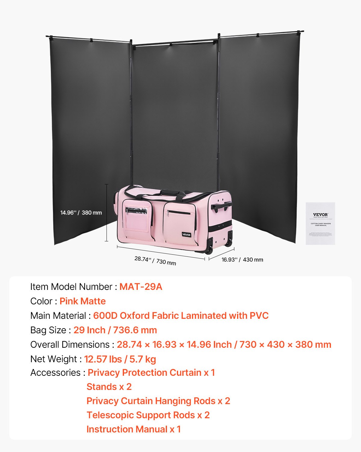 Dance Bag with Garment Rack, 736.6 mm Rolling Dance Duffel, with Wheels, USB Port, Height Adjustable Clothes Rack, Privacy Protection Curtain, Ideal for Travel and Competitions, Matte Pink