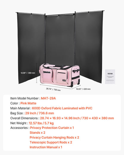 Dance Bag with Garment Rack, 736.6 mm Rolling Dance Duffel, with Wheels, USB Port, Height Adjustable Clothes Rack, Privacy Protection Curtain, Ideal for Travel and Competitions, Matte Pink