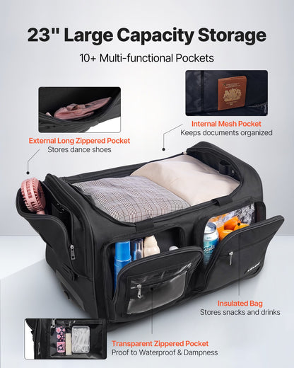 Dance Bag with Garment Rack, 584.2 mm Rolling Dance Duffel, with Wheels, USB Port, Height Adjustable Clothes Rack, Privacy Protection Curtain, Ideal for Travel and Competitions, Matte Black