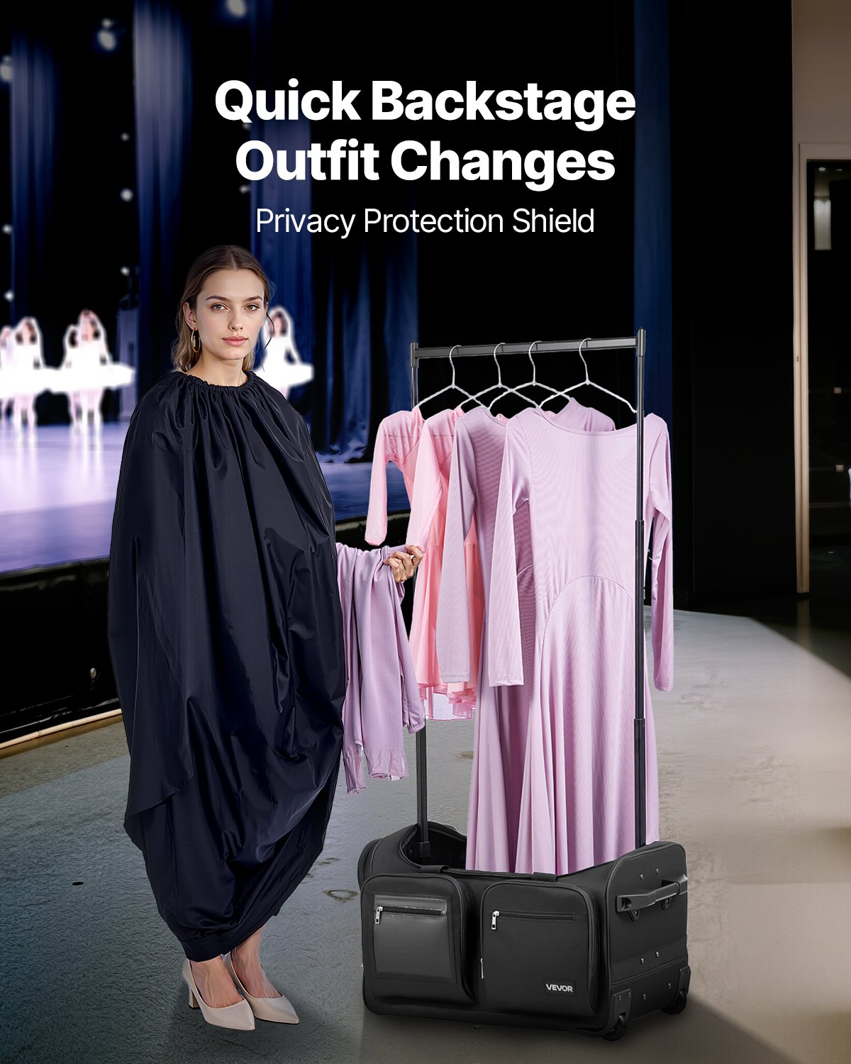 Dance Bag with Garment Rack, 584.2 mm Rolling Dance Duffel, with Wheels, USB Port, Height Adjustable Clothes Rack, Privacy Protection Curtain, Ideal for Travel and Competitions, Matte Black