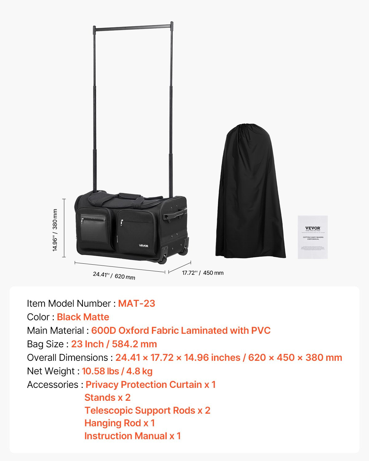 Dance Bag with Garment Rack, 584.2 mm Rolling Dance Duffel, with Wheels, USB Port, Height Adjustable Clothes Rack, Privacy Protection Curtain, Ideal for Travel and Competitions, Matte Black