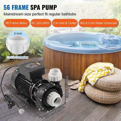 Spa-pump med 2 hastigheter, 56 ramar, spa-pump med dubbla hastigheter för bubbelpool, 1600 W / 39 m³/h / 15 m hög hastighet eller 400 W / 19 m³/h / 3,9 m låg hastighet, 2" port, 90° rotationsgränssnitt för bubbelpool, TÜV-certifiering