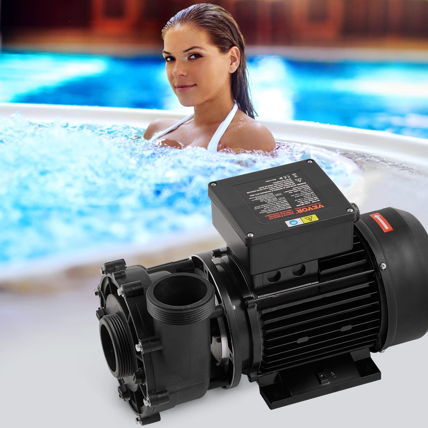 Spa-pump med 2 hastigheter, 56 ramar, spa-pump med dubbla hastigheter för bubbelpool, 1900 W / 43 m³/h / 18 m hög hastighet eller 450 W / 21,5 m³/h / 4,4 m låg hastighet, 2" port 90° rotationsgränssnitt för bubbelpool, TÜV-certifiering
