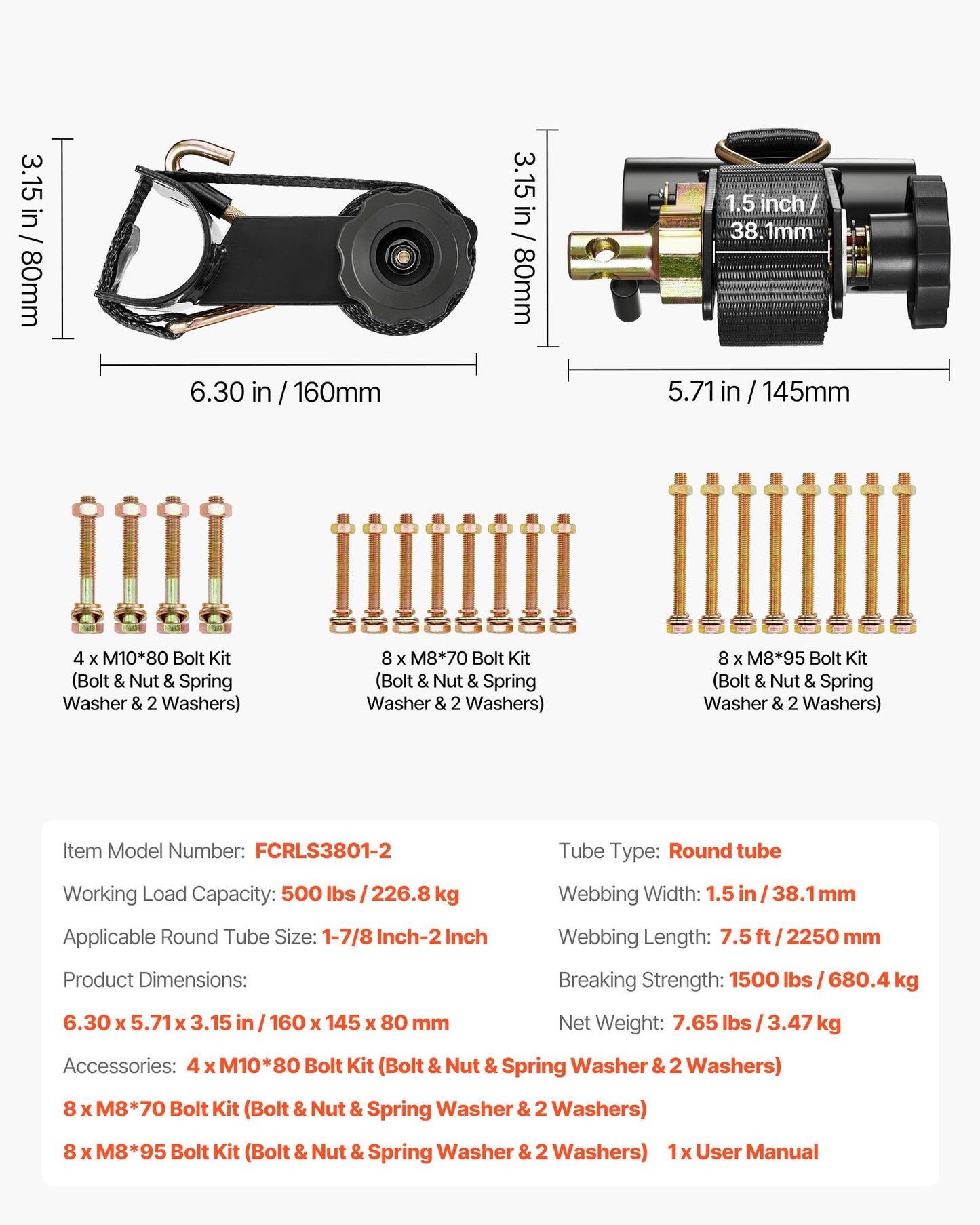 Ladder Rack Ratchet Straps, 47.6-50.8 mm Black Round Tube Mount, 38 mm Wide x 2.25 m Long Black Ladder Rack Straps with Double J-Hooks, 226.8 kg Load Heavy Duty, Cargo Buckle Lock Strap (2 Pack)