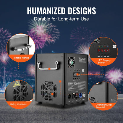 Kallgnistmaskin, 500W fyrverkerikontroll, 6,6-13 fot justerbar höjd, med avancerat DMX-system, LED-skärm, bärbart handtag, kraftig aluminiumlegering för scen-DJ, bröllopsevenemang, fest