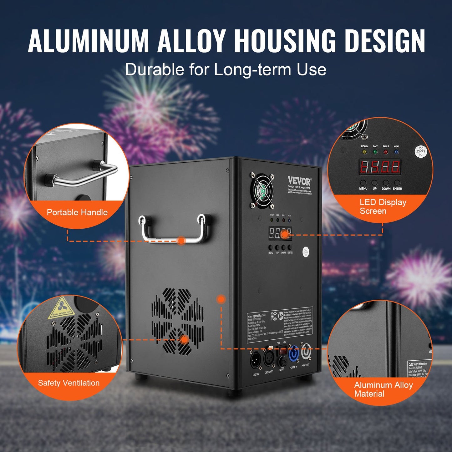 Cold Spark-maskin, 2-pack fyrverkerikontroller med 700 W effekt, 1,8-4,8 m justerbar höjd, med avancerat DMX-system, LED-skärm, bärbart handtag, aluminiumlegering för scen-DJ, bröllopsevenemang, fest