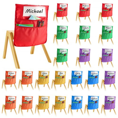 Stolsfickor för klassrum, 24-pack, 14 x 15 tum ryggstödsficka med namnskylt, 6 ljusa färger, organisatör för stolsryggar i klassrum, förskola, skola och hem